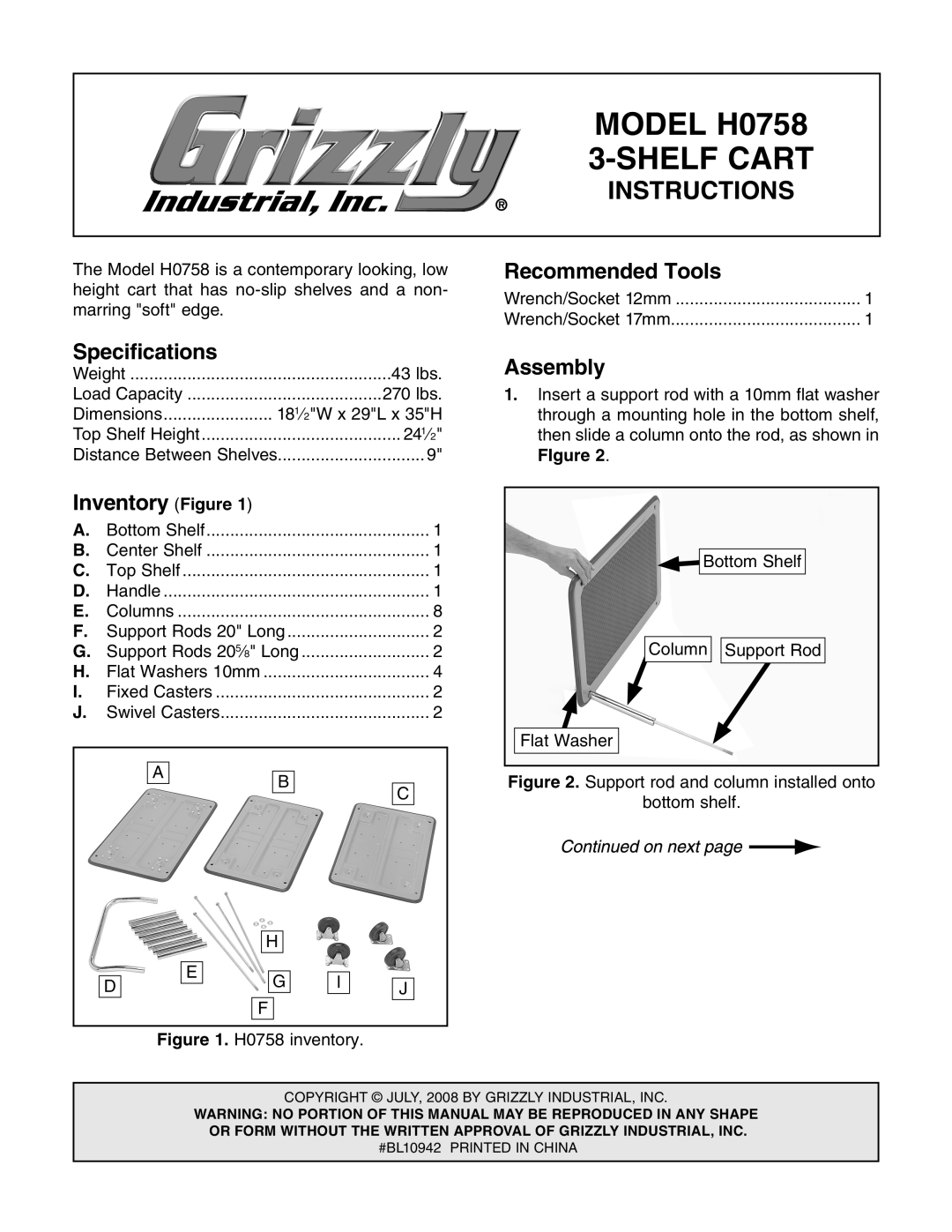 Grizzly specifications MODEL H0758, Shelf Cart, Instructions, Recommended Tools, Specifications, Inventory Figure 