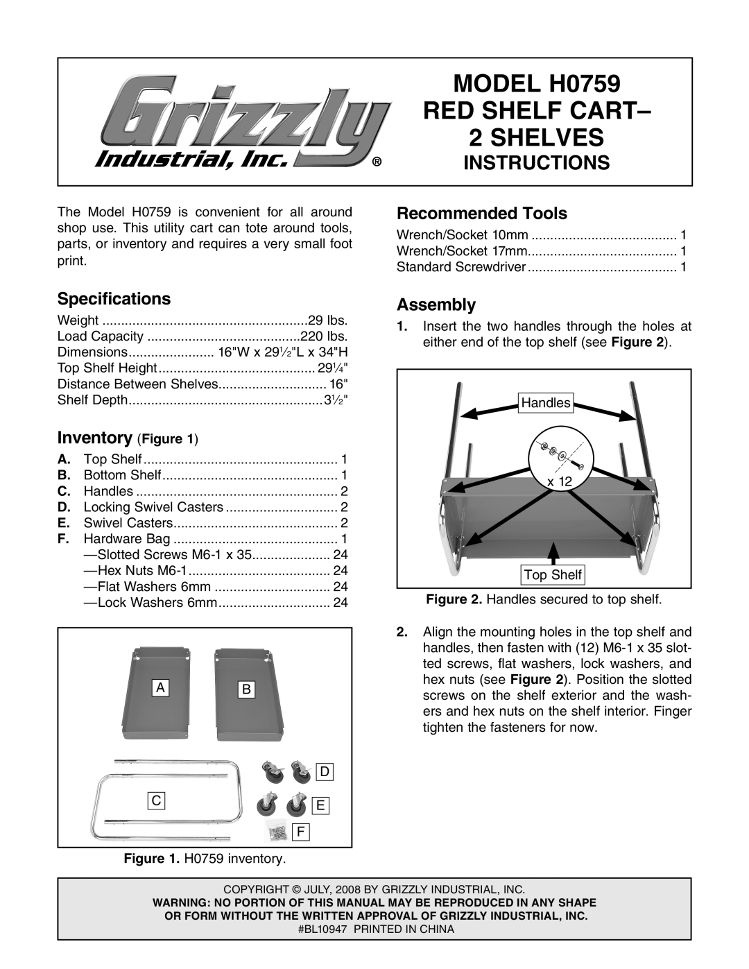 Grizzly specifications Model H0759, RED Shelf Cart, Shelves, Instructions 