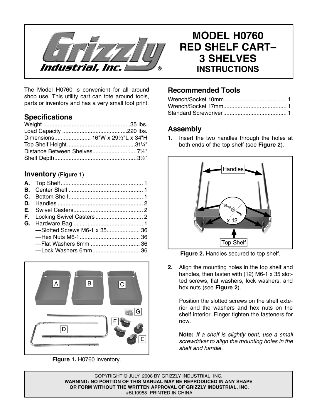 Grizzly specifications Model H0760, RED Shelf Cart, Shelves, Instructions 