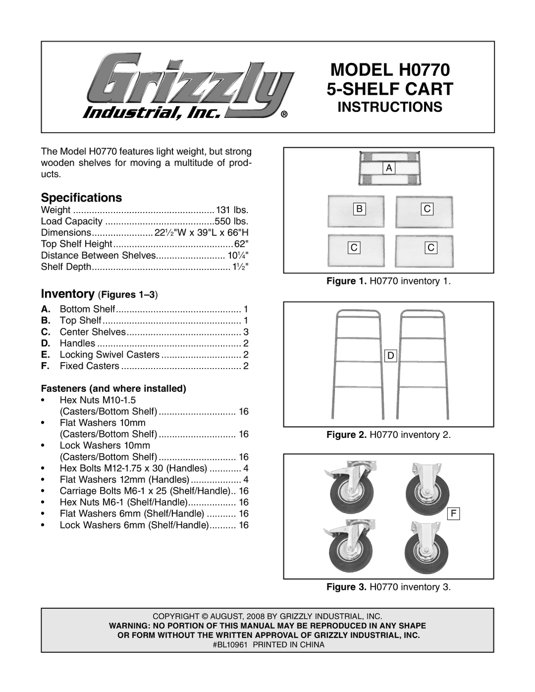 Grizzly H0770 specifications Shelf Cart, Specifications 