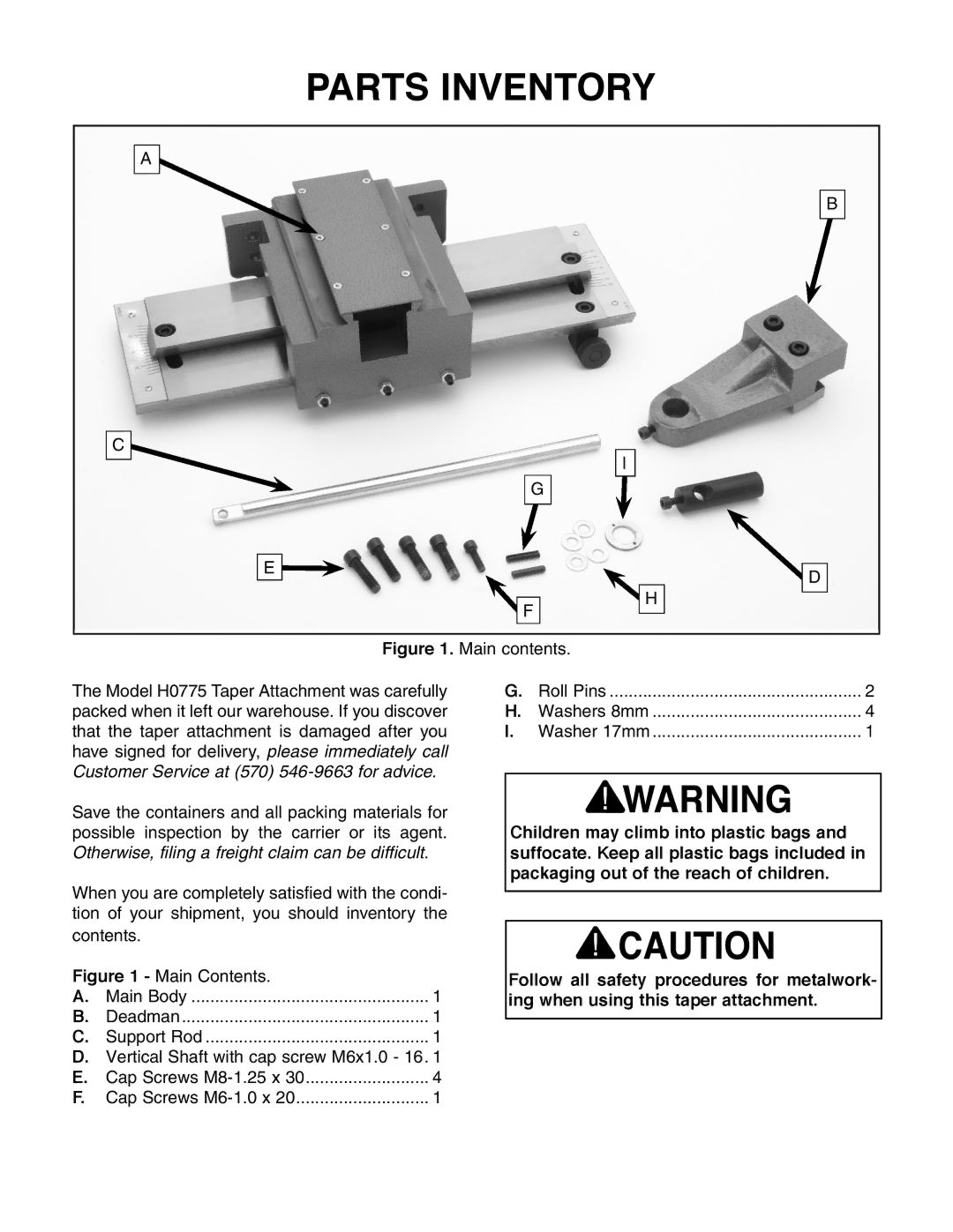 Grizzly H0775 instruction sheet Parts Inventory, Customer Service at 570 546-9663 for advice 