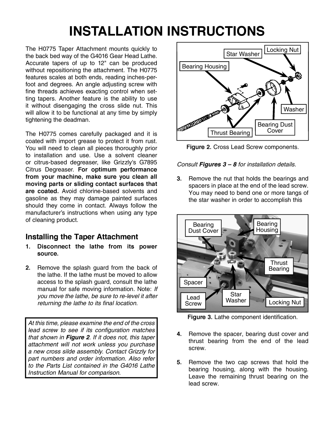 Grizzly H0775 Installation Instructions, Installing the Taper Attachment, Consult Figures 3 8 for installation details 