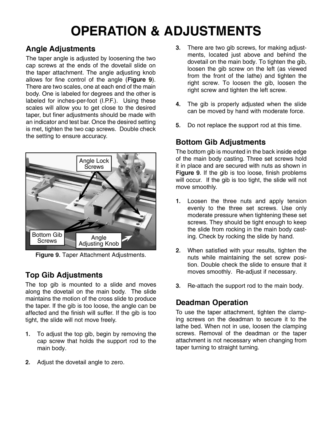 Grizzly H0775 Operation & Adjustments, Angle Adjustments, Top Gib Adjustments, Bottom Gib Adjustments, Deadman Operation 