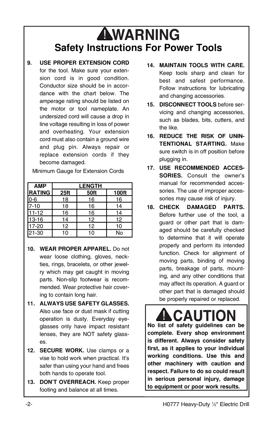 Grizzly H0777 instruction manual AMP Length Rating 