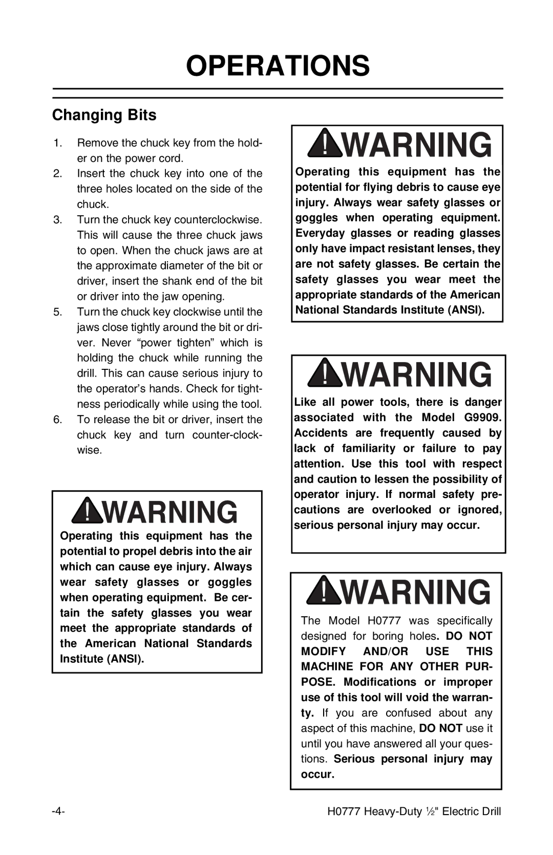 Grizzly H0777 instruction manual Operations, Changing Bits 