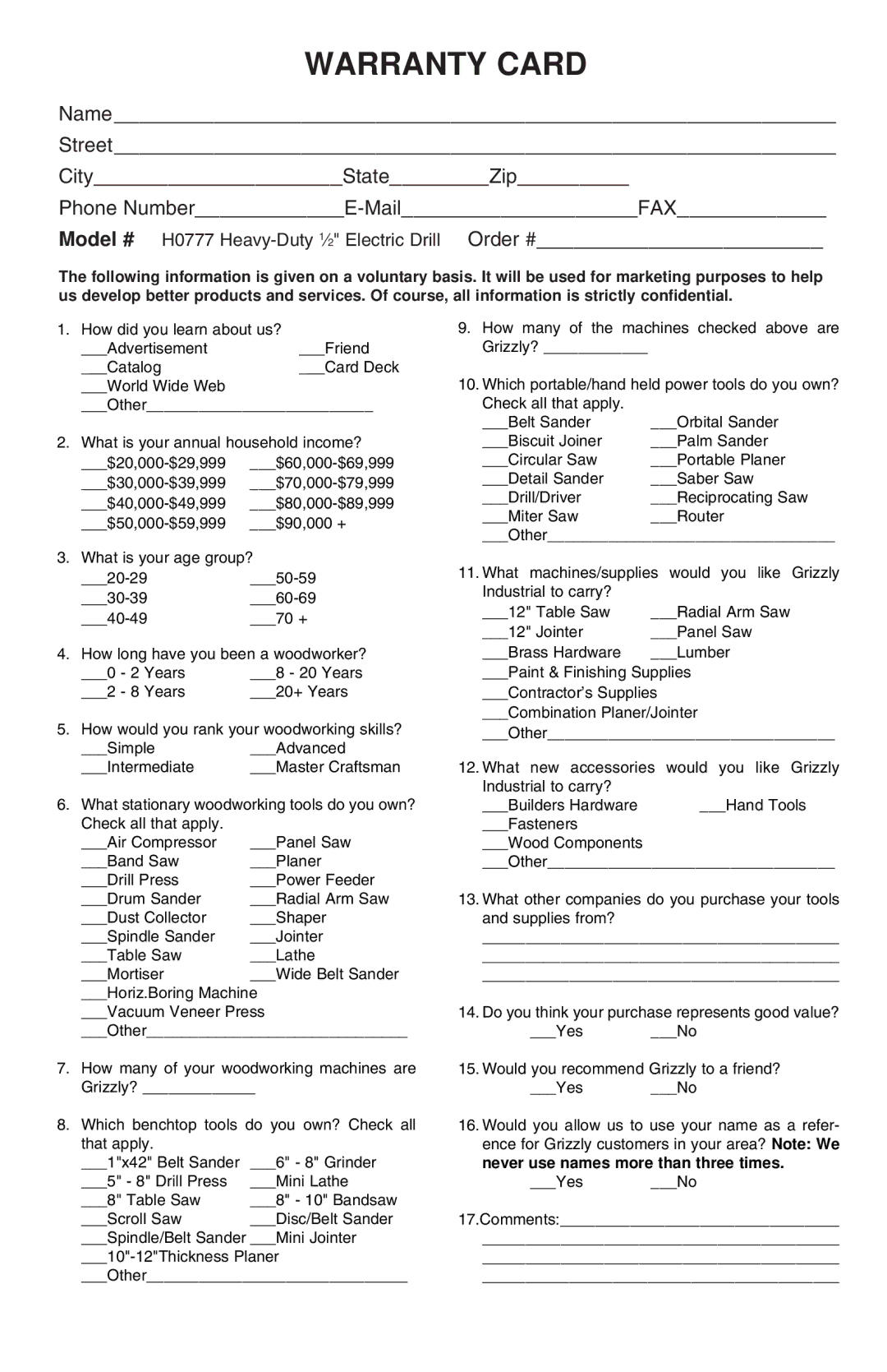 Grizzly H0777 instruction manual Warranty Card 