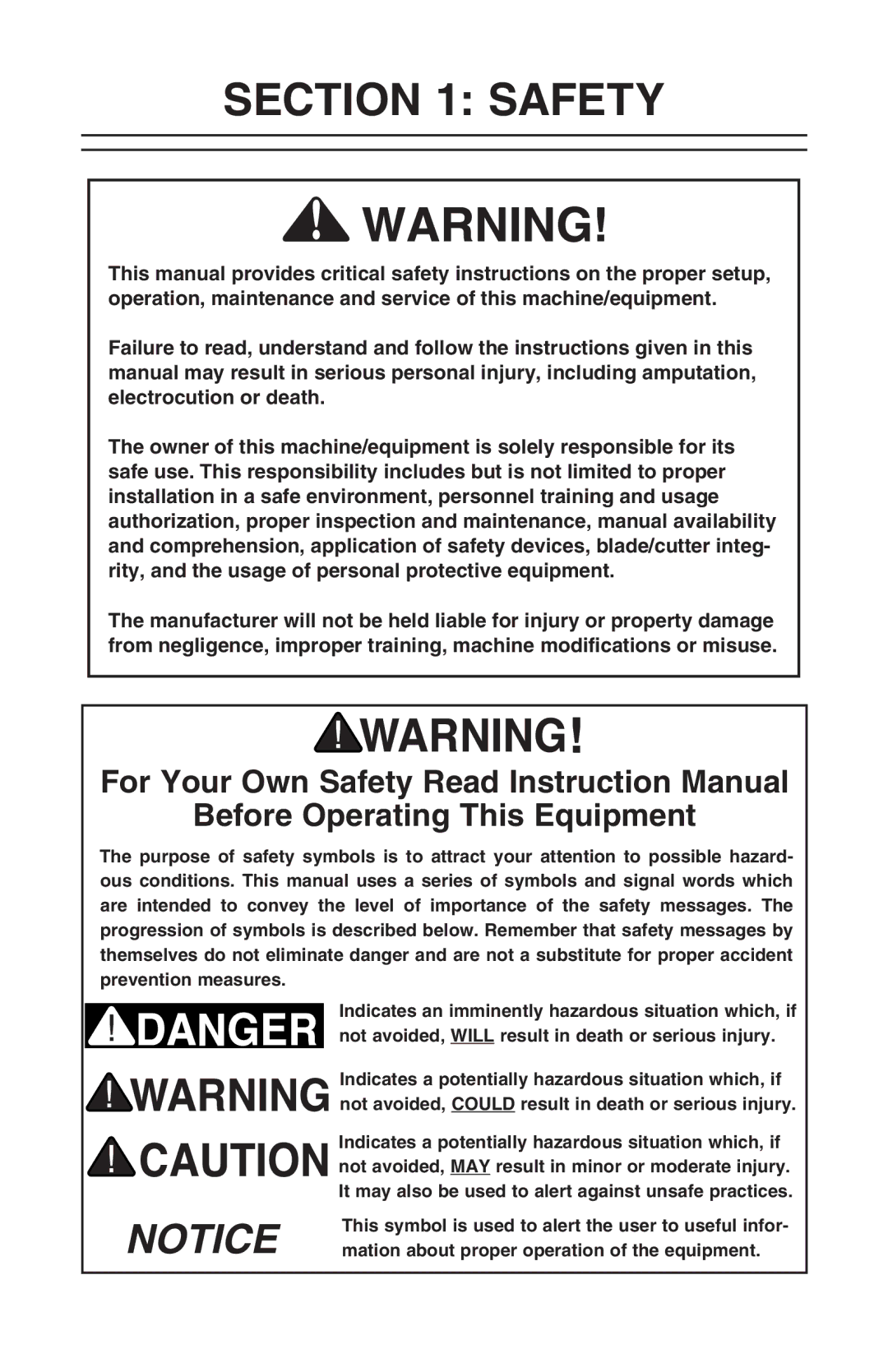 Grizzly H0778, H0779 owner manual Safety, Before Operating This Equipment, Mation about proper operation of the equipment 