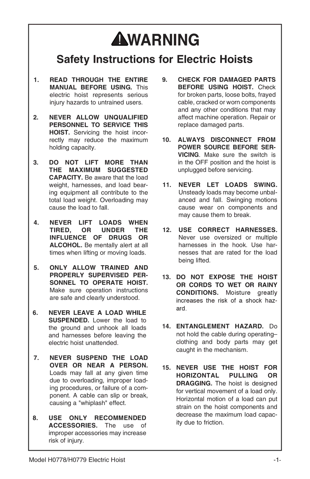 Grizzly H0779, H0778 owner manual Safety Instructions for Electric Hoists, Never Suspend the Load Over or Near a Person 