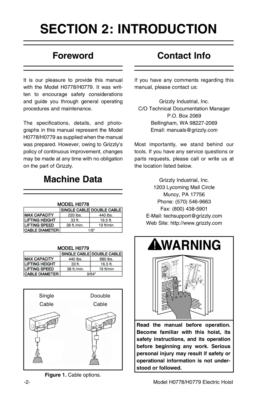 Grizzly H0778, H0779 owner manual Introduction, Foreword Contact Info, Machine Data 