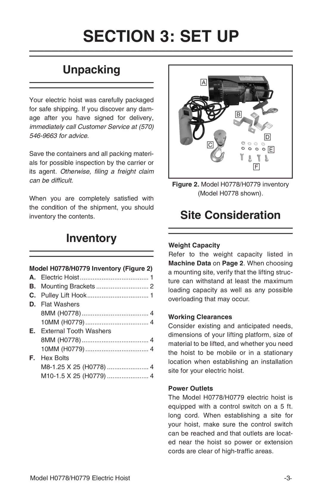 Grizzly H0779, H0778 owner manual Set Up, Unpacking, Inventory, Site Consideration 