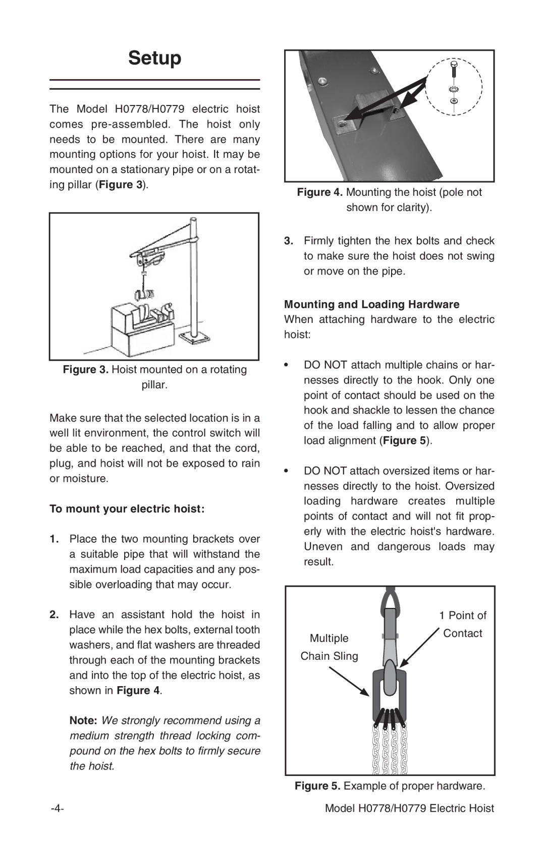 Grizzly H0778, H0779 owner manual Setup, To mount your electric hoist, Mounting and Loading Hardware 