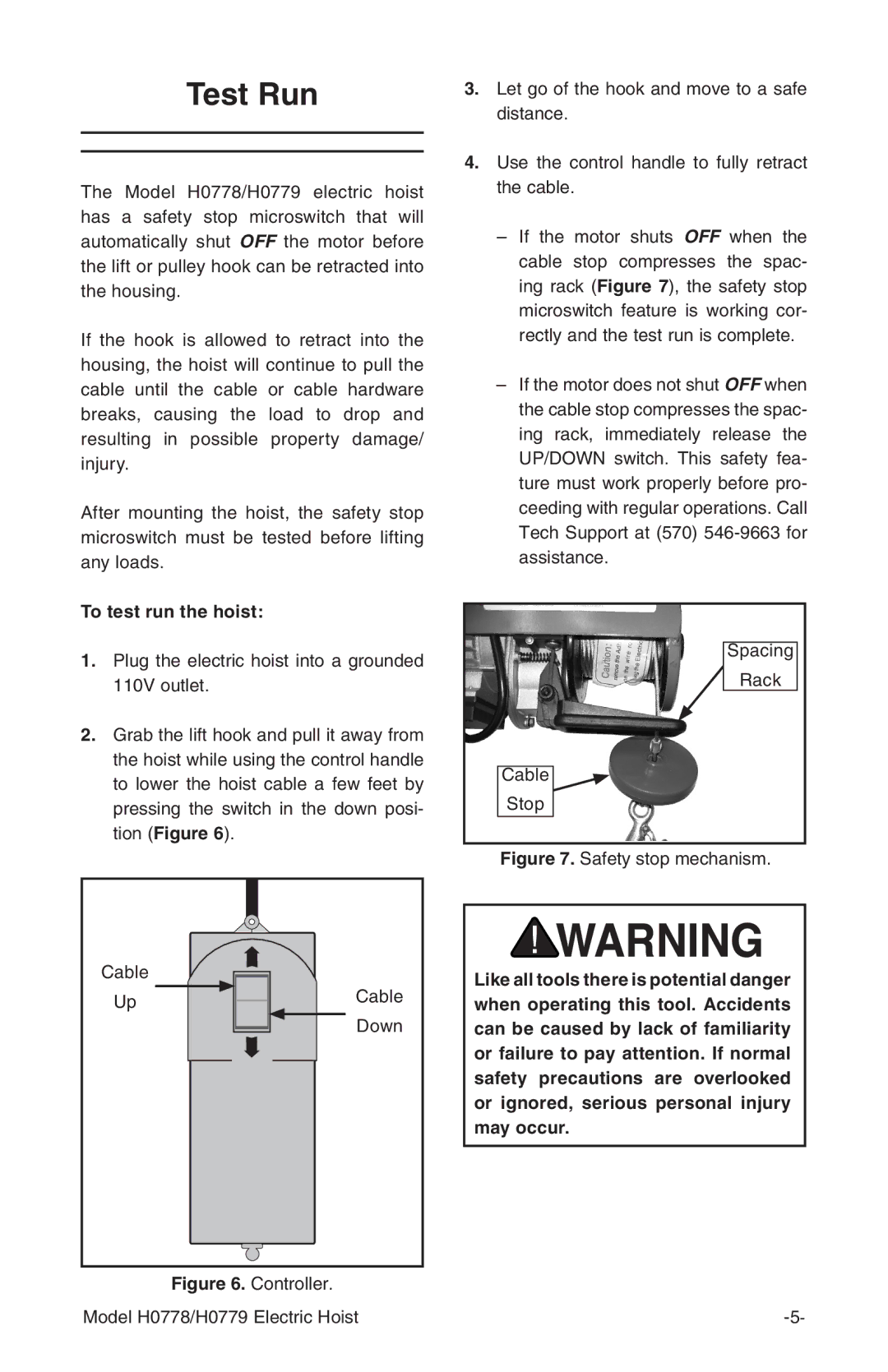 Grizzly H0779, H0778 owner manual Test Run, To test run the hoist 