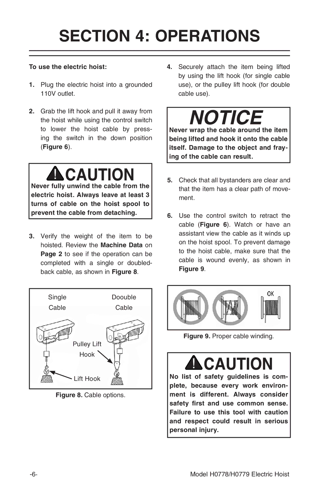 Grizzly H0778, H0779 owner manual Operations, To use the electric hoist 