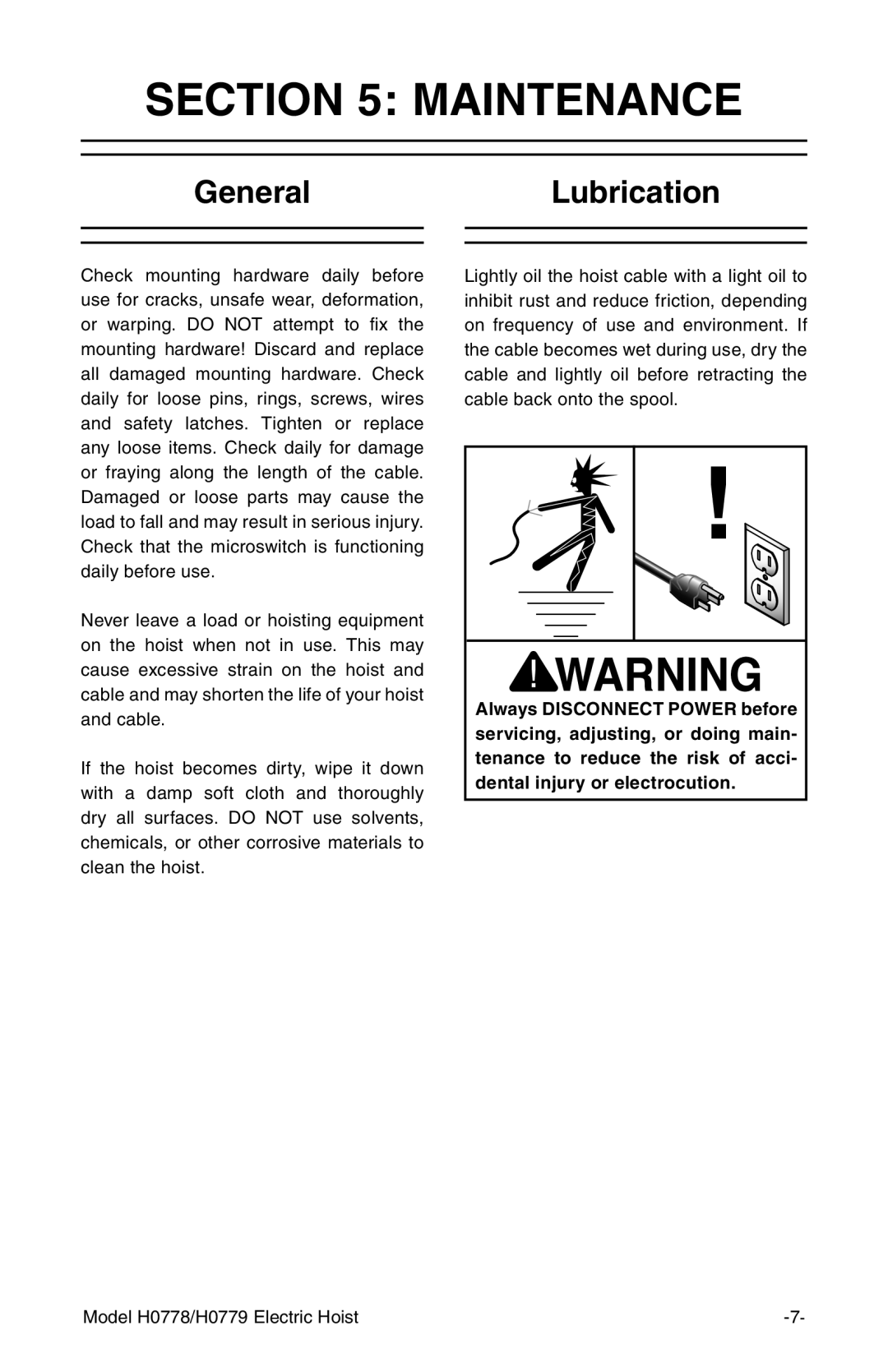 Grizzly H0779, H0778 owner manual Maintenance, GeneralLubrication 