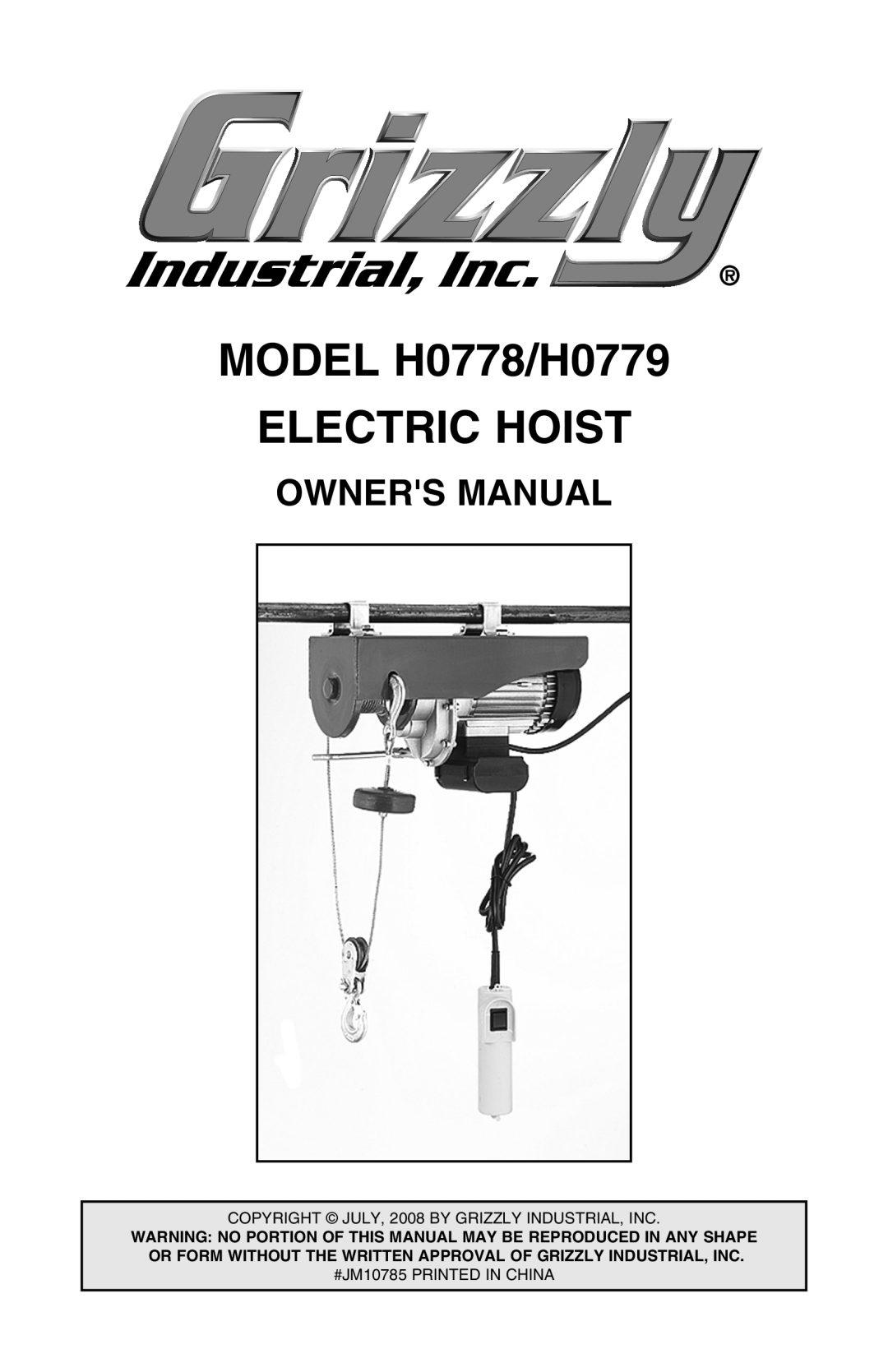 Grizzly owner manual MODEL H0778/H0779, Electric Hoist, Owners Manual 