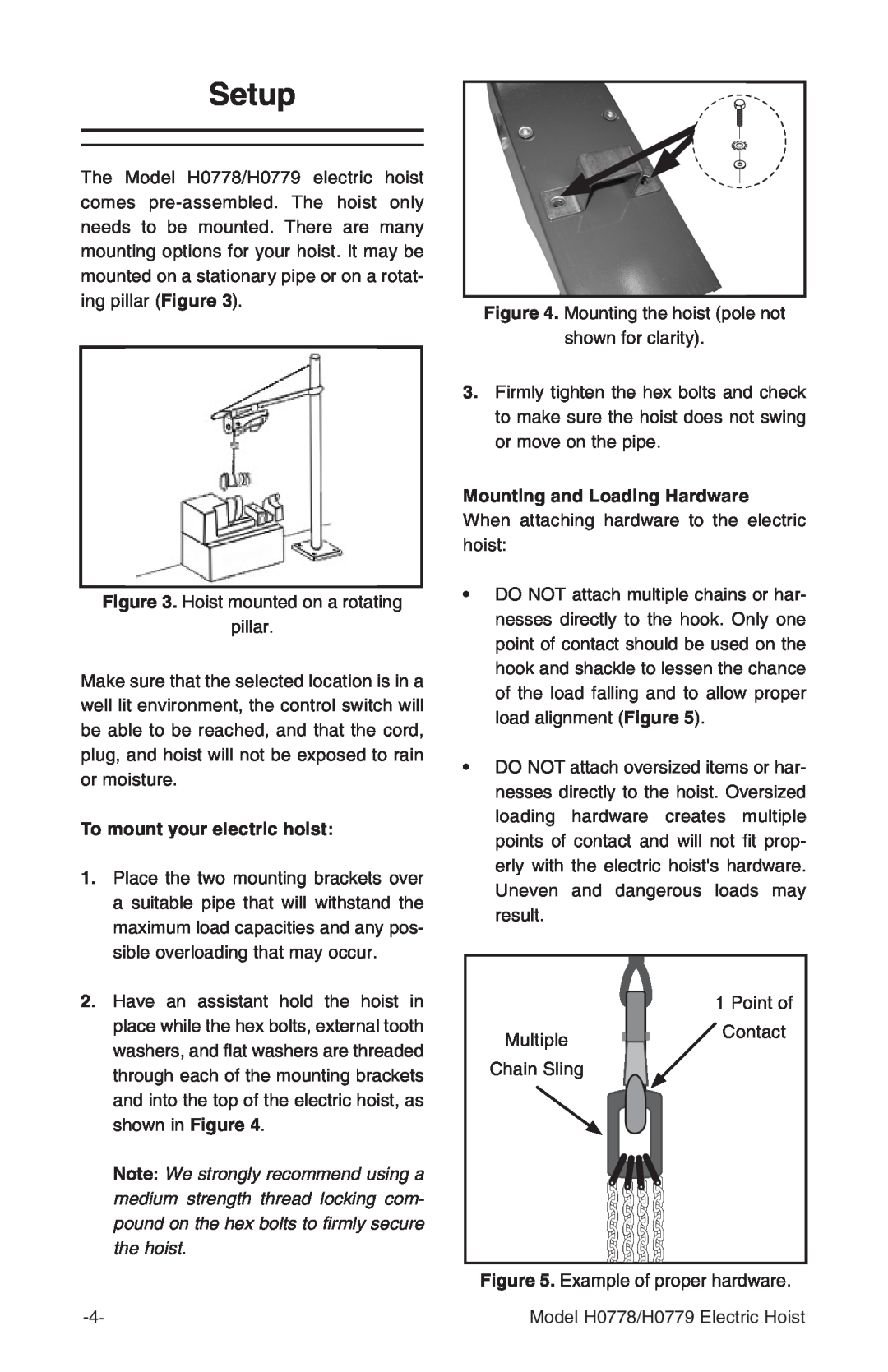 Grizzly H0778, H0779 owner manual Setup, To mount your electric hoist, Mounting and Loading Hardware 