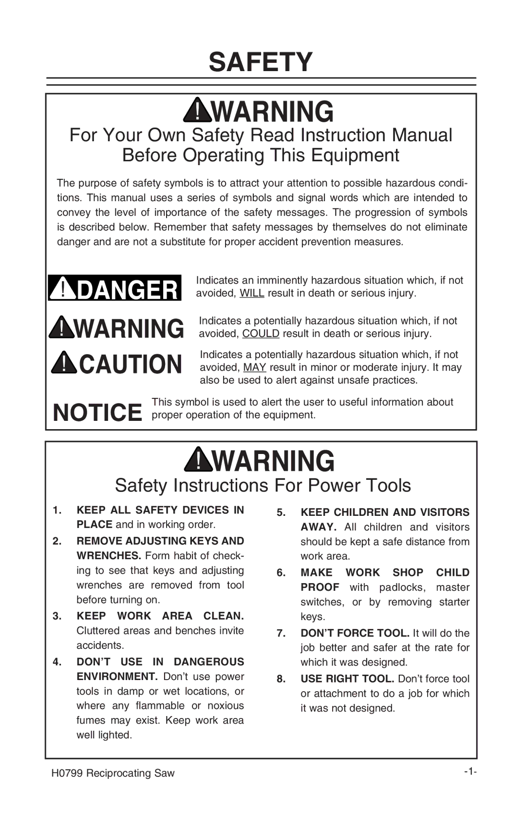 Grizzly H0799 instruction manual Safety, Before Operating This Equipment 