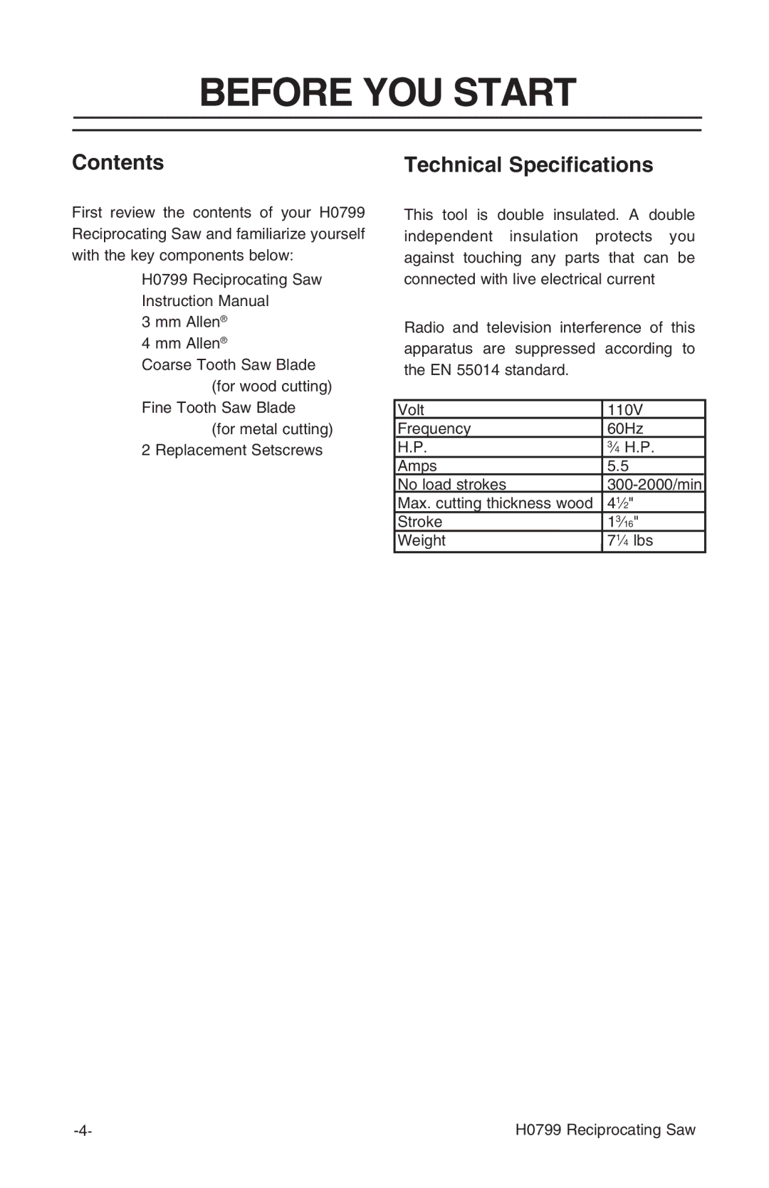 Grizzly H0799 instruction manual Before YOU Start, Contents, Technical Specifications 