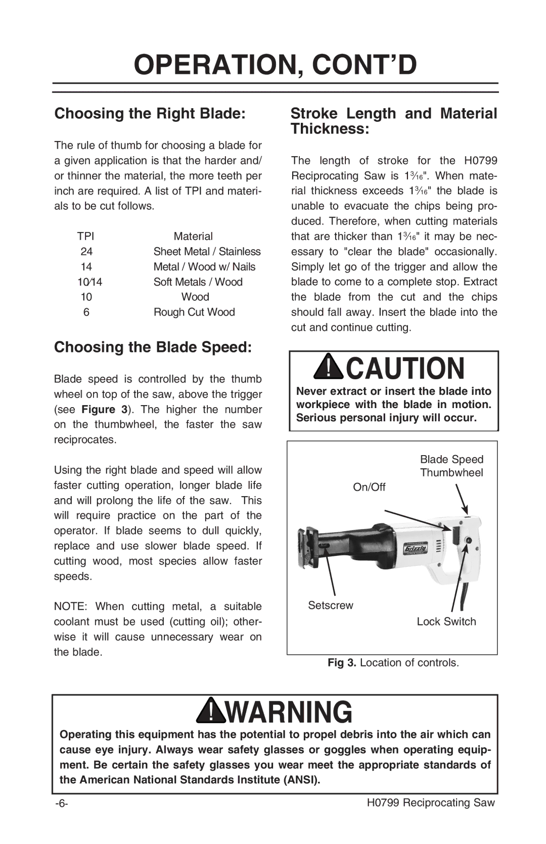 Grizzly H0799 Operation, Cont’D, Choosing the Right Blade, Choosing the Blade Speed, Stroke Length and Material Thickness 