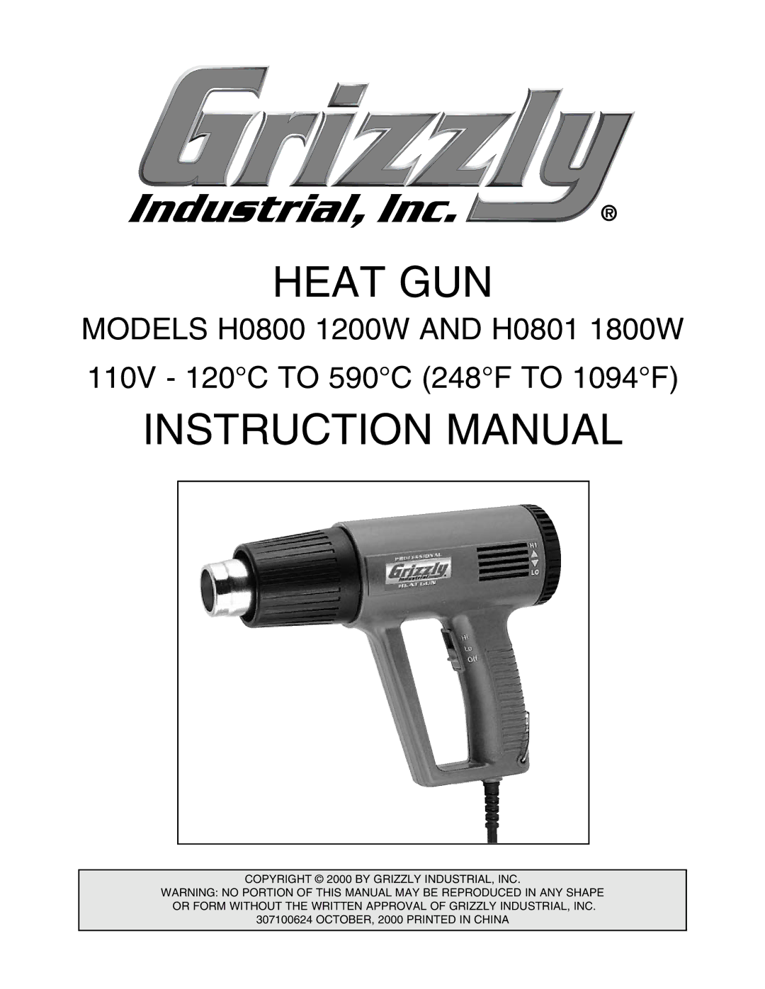 Grizzly H0801 1800W, H0800 1200W instruction manual Heat GUN 