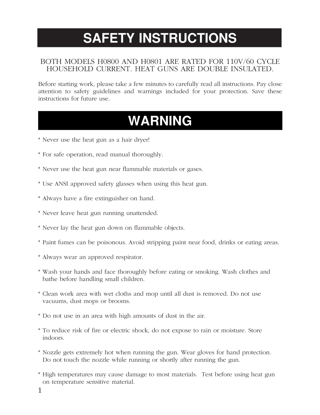 Grizzly H0800 1200W, H0801 1800W instruction manual Safety Instructions 