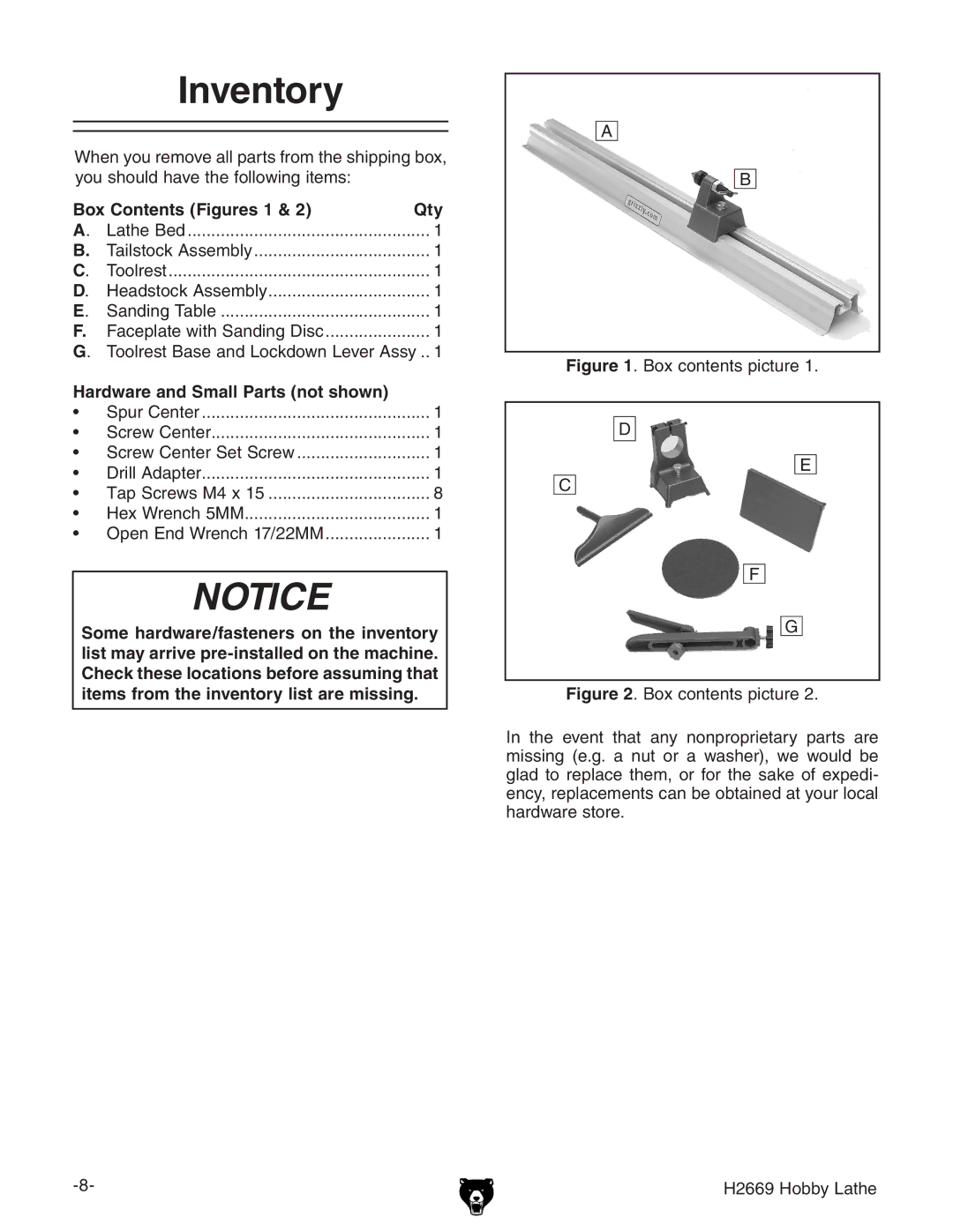 Grizzly H2669 owner manual Inventory, Box Contents Figures 1 Qty, Hardware and Small Parts not shown 