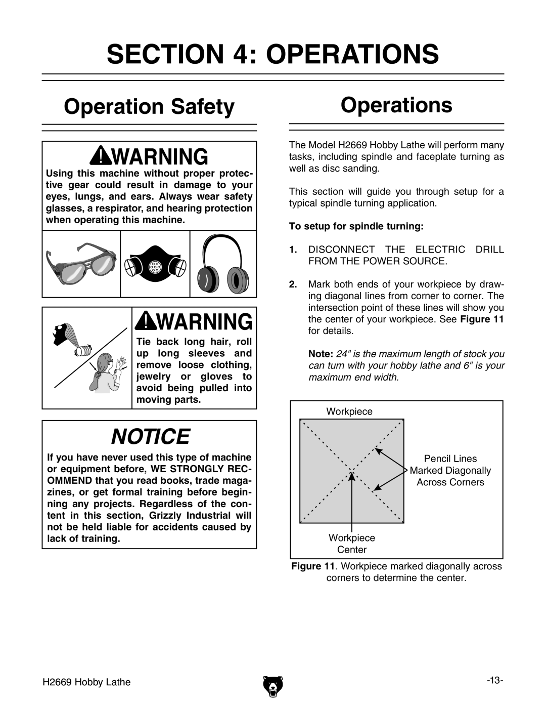 Grizzly H2669 owner manual Operations, Operation Safety, To setup for spindle turning 