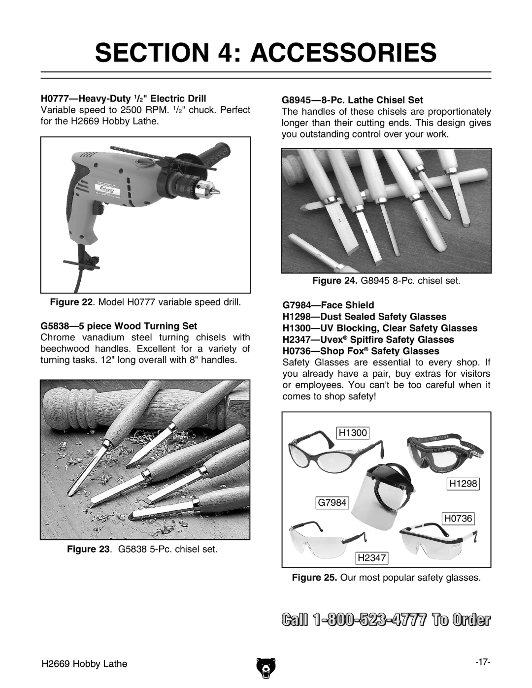 Grizzly H2669 owner manual Accessories, H0777-Heavy-Duty 1/2 Electric Drill, G5838-5 piece Wood Turning Set 