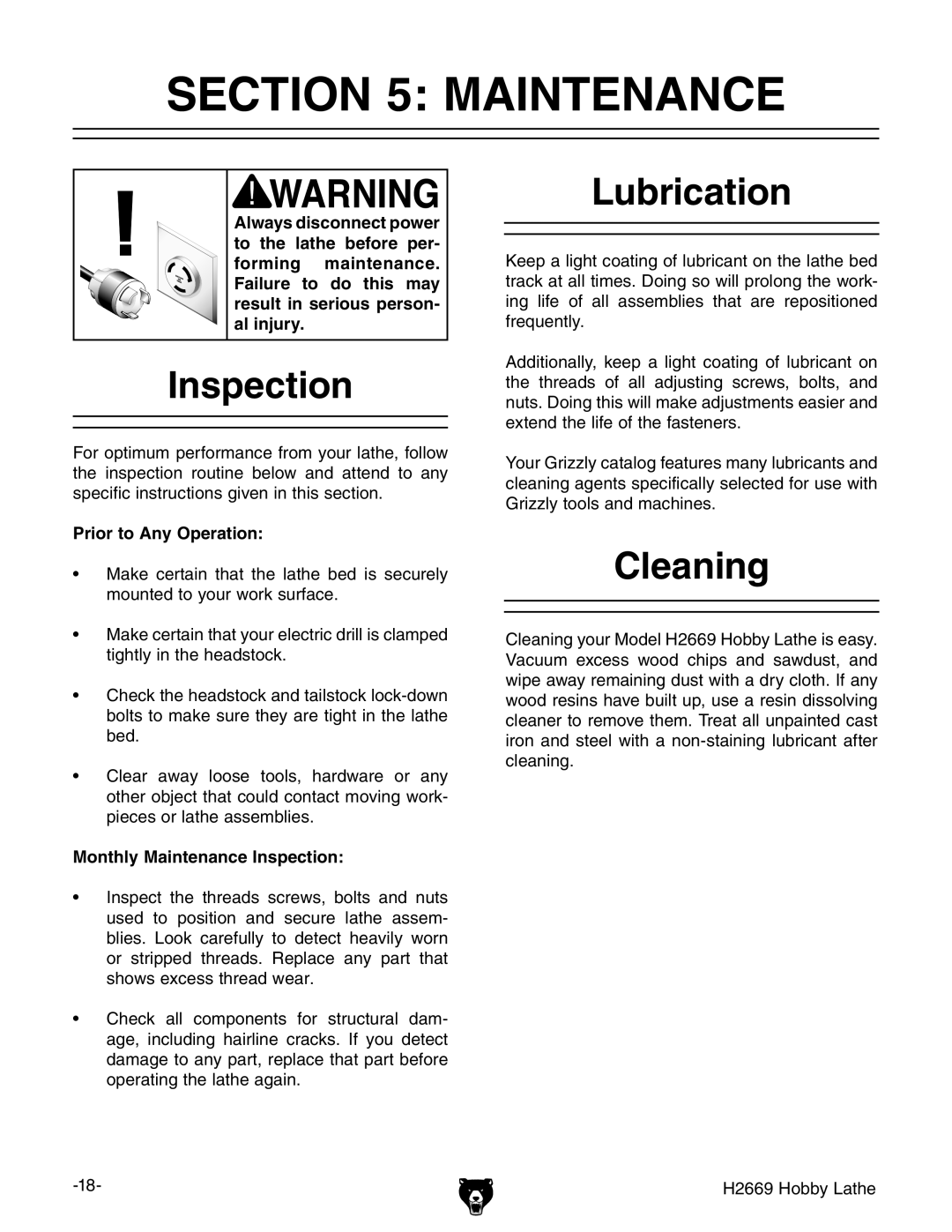 Grizzly H2669 owner manual Maintenance, Inspection, Lubrication, Cleaning 