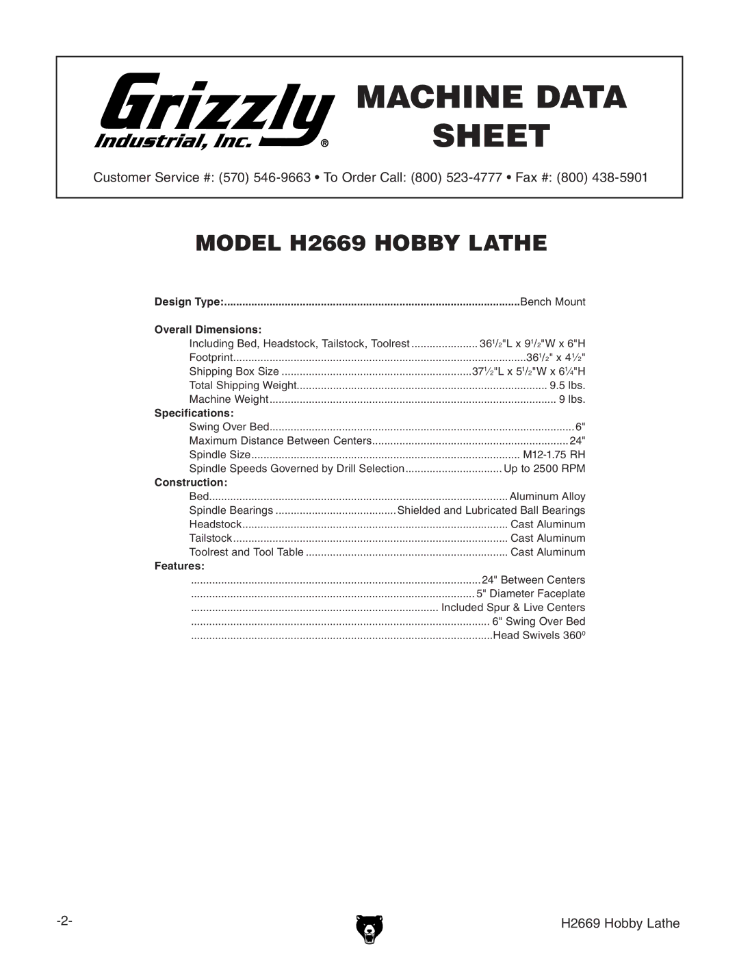 Grizzly H2669 owner manual Machine Data Sheet 