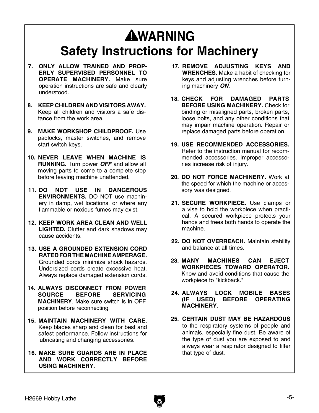 Grizzly owner manual H2669 Hobby Lathe 