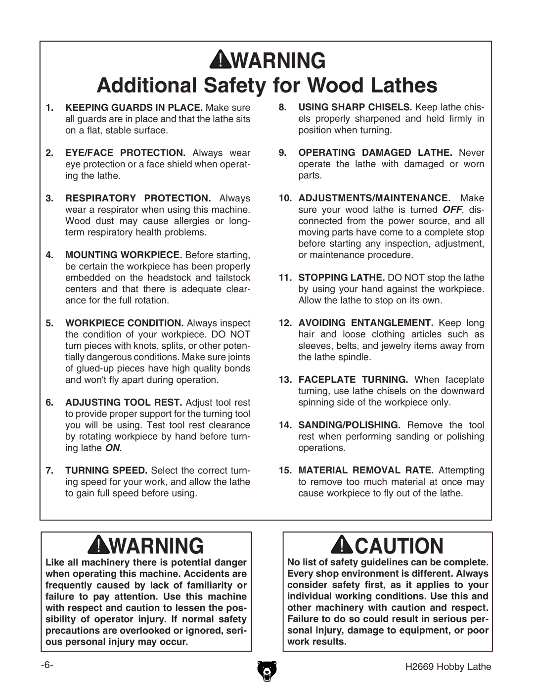 Grizzly H2669 owner manual Additional Safety for Wood Lathes 