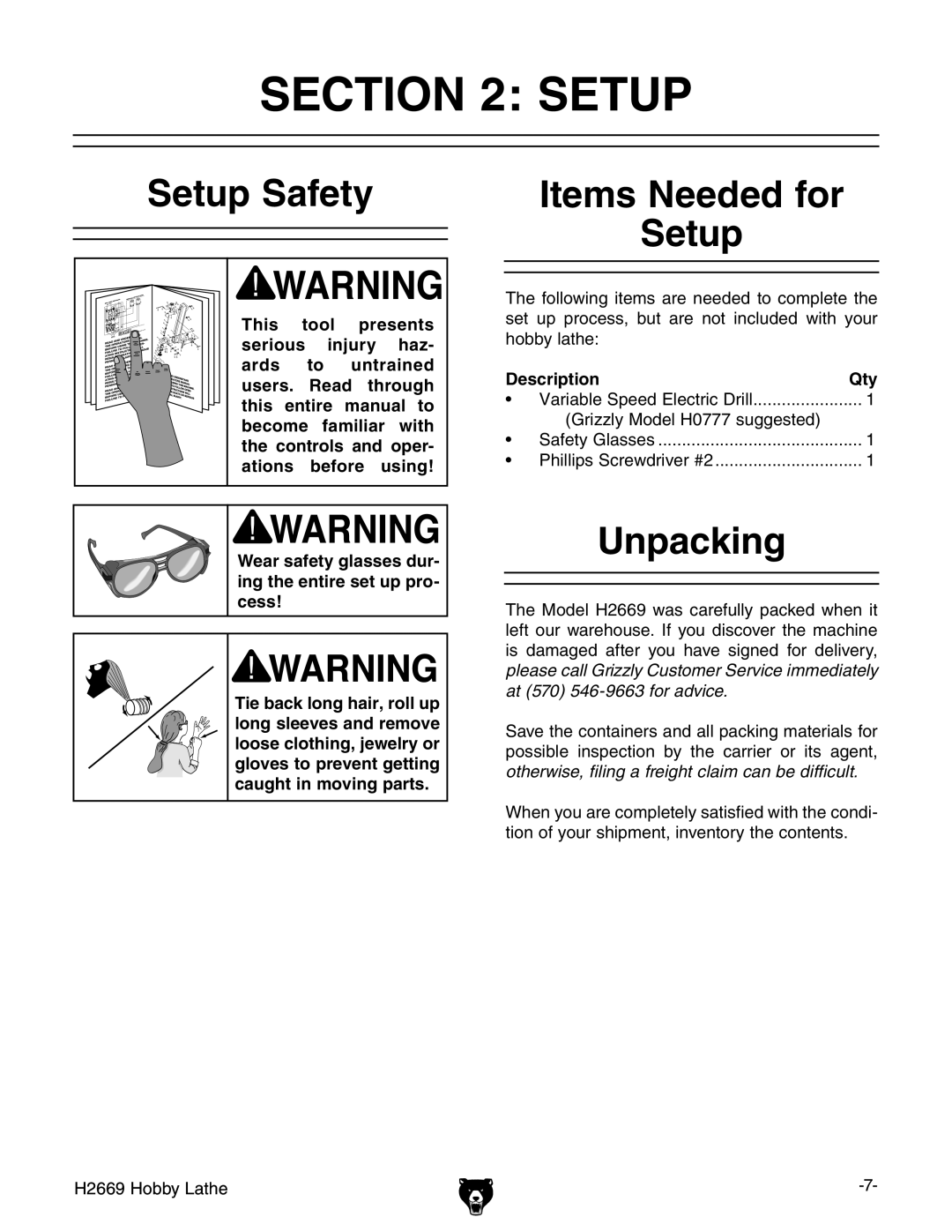 Grizzly H2669 owner manual Setup Safety, Items Needed for Setup, Unpacking, Description Qty 