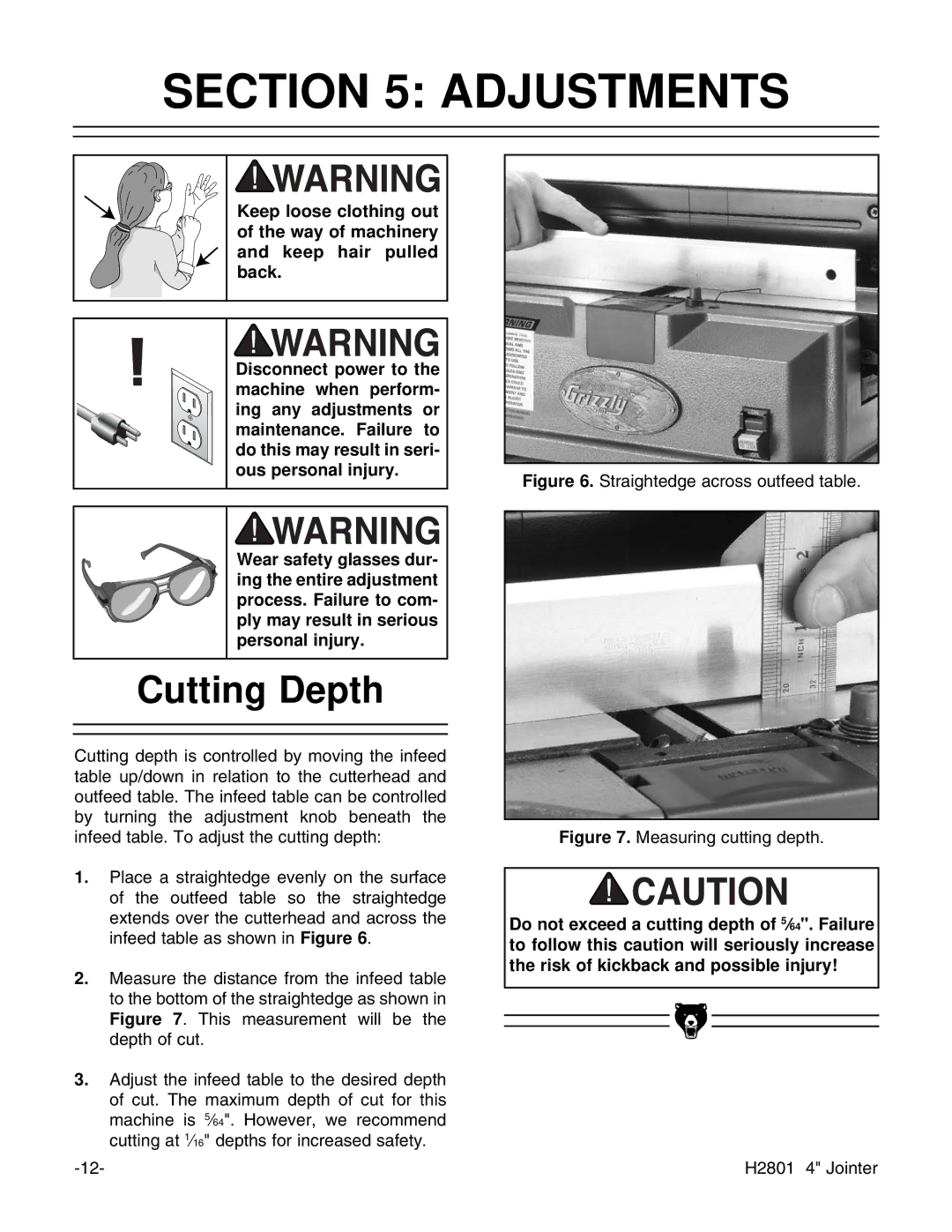 Grizzly H2801 instruction manual Adjustments, Cutting Depth 