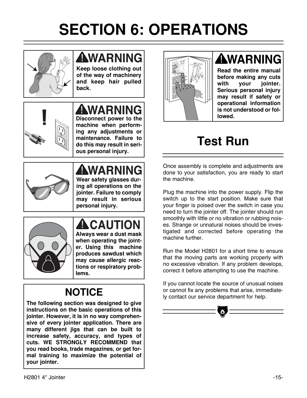 Grizzly H2801 instruction manual Operations, Test Run 