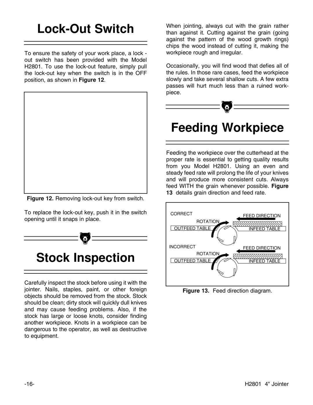 Grizzly H2801 instruction manual Lock-Out Switch, Stock Inspection, Feeding Workpiece 