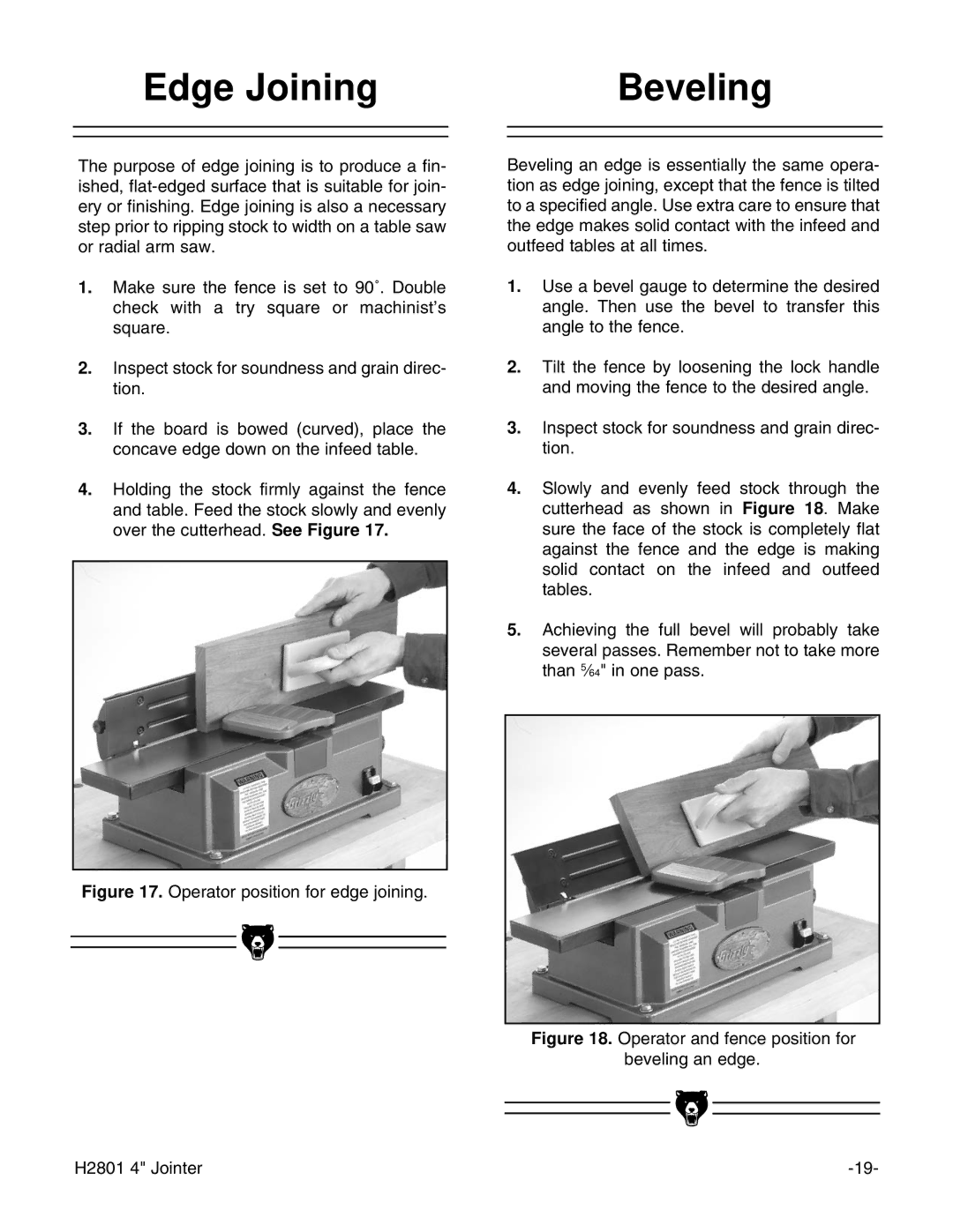 Grizzly H2801 instruction manual Edge Joining Beveling 