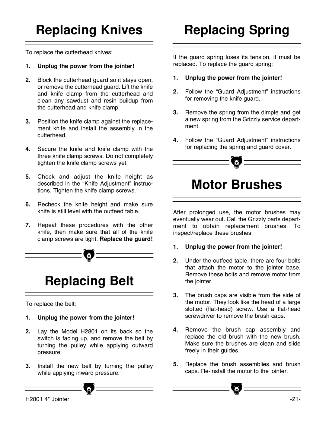 Grizzly H2801 Replacing Knives, Replacing Belt, Replacing Spring, Motor Brushes, Unplug the power from the jointer 