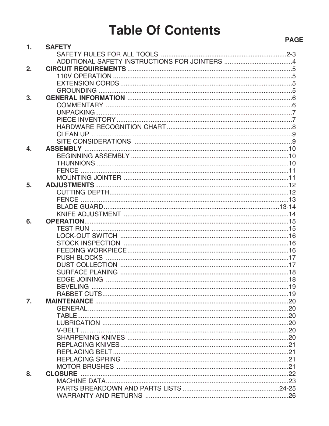 Grizzly H2801 instruction manual Table Of Contents 