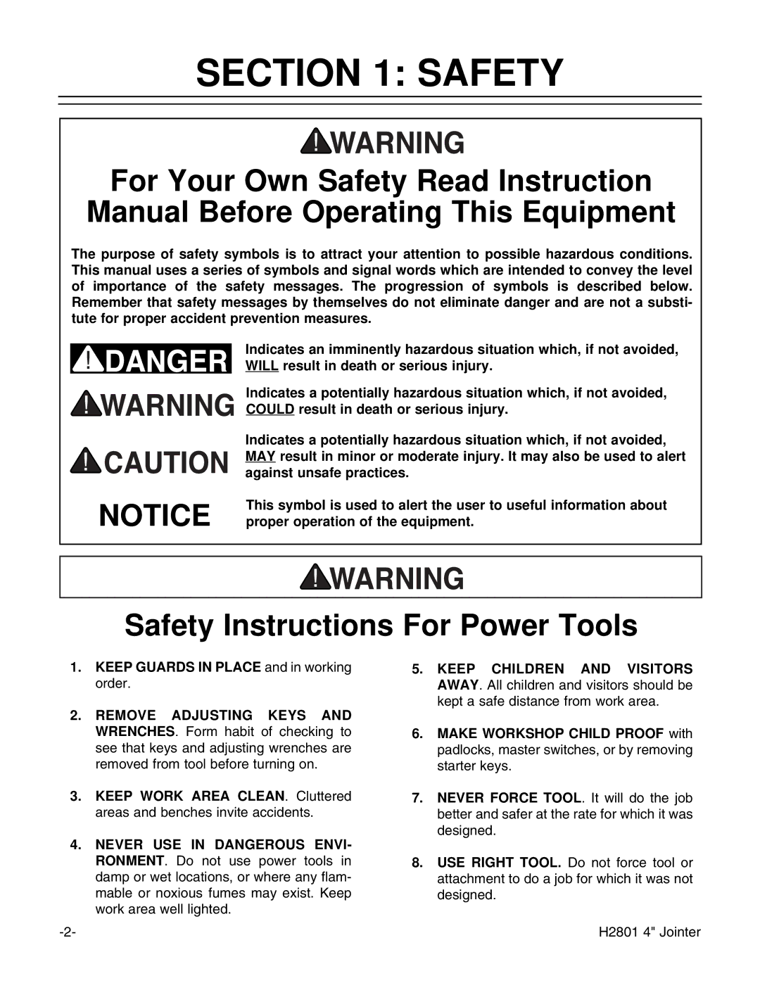 Grizzly H2801 instruction manual Safety Instructions For Power Tools 