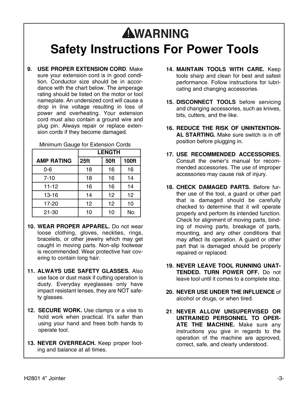 Grizzly H2801 instruction manual Length AMP Rating, 25ft 50ft 100ft 