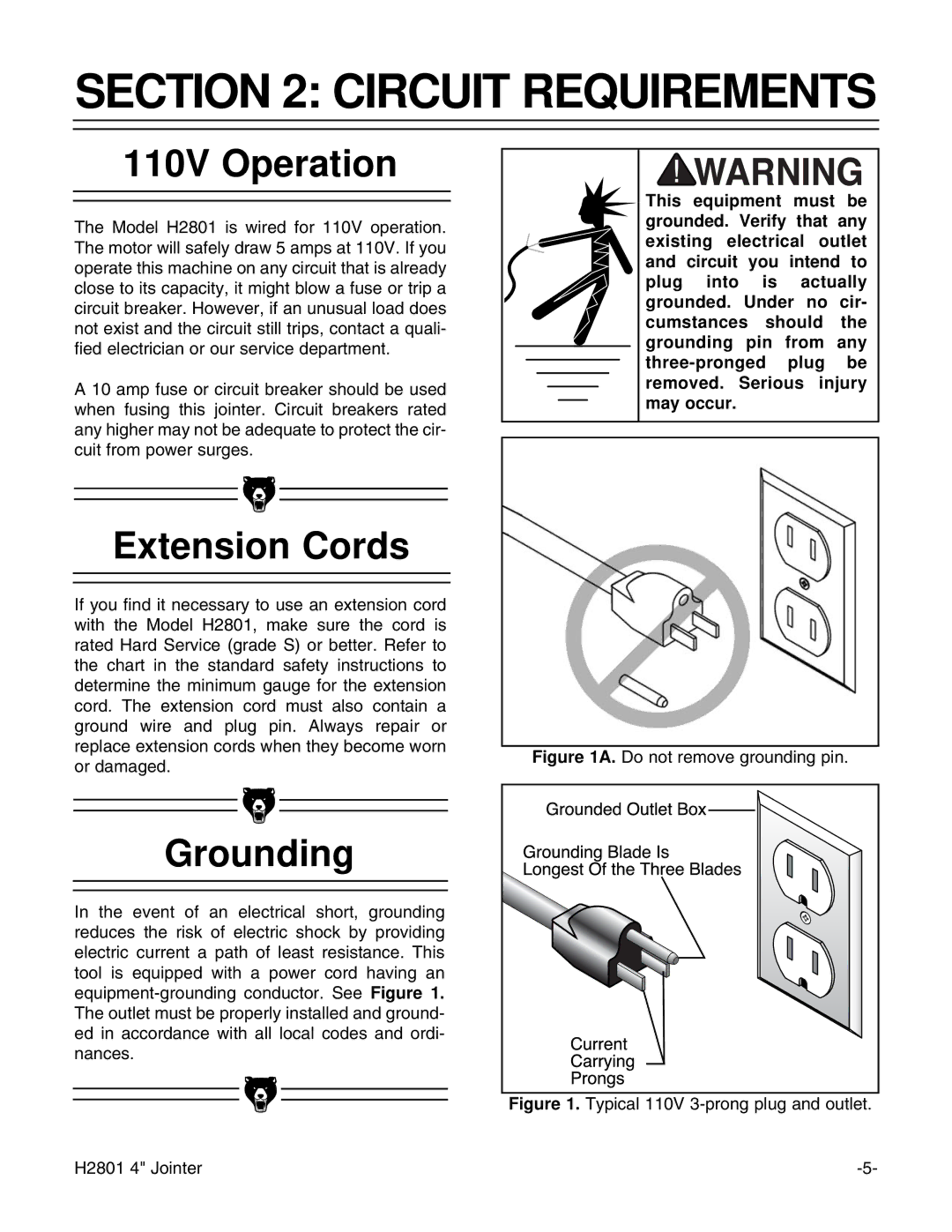 Grizzly H2801 instruction manual Circuit Requirements, 110V Operation, Extension Cords, Grounding 