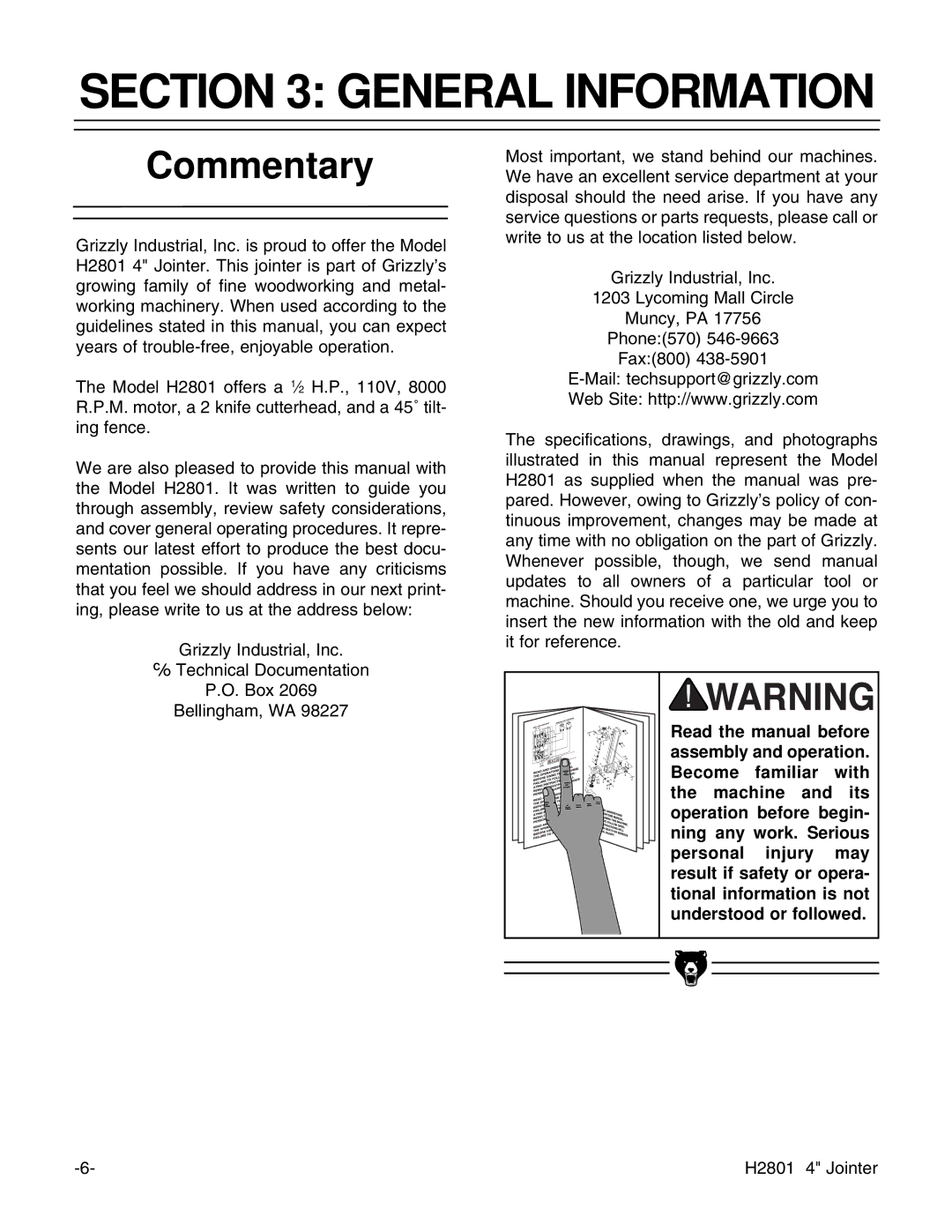 Grizzly H2801 instruction manual General Information, Commentary 