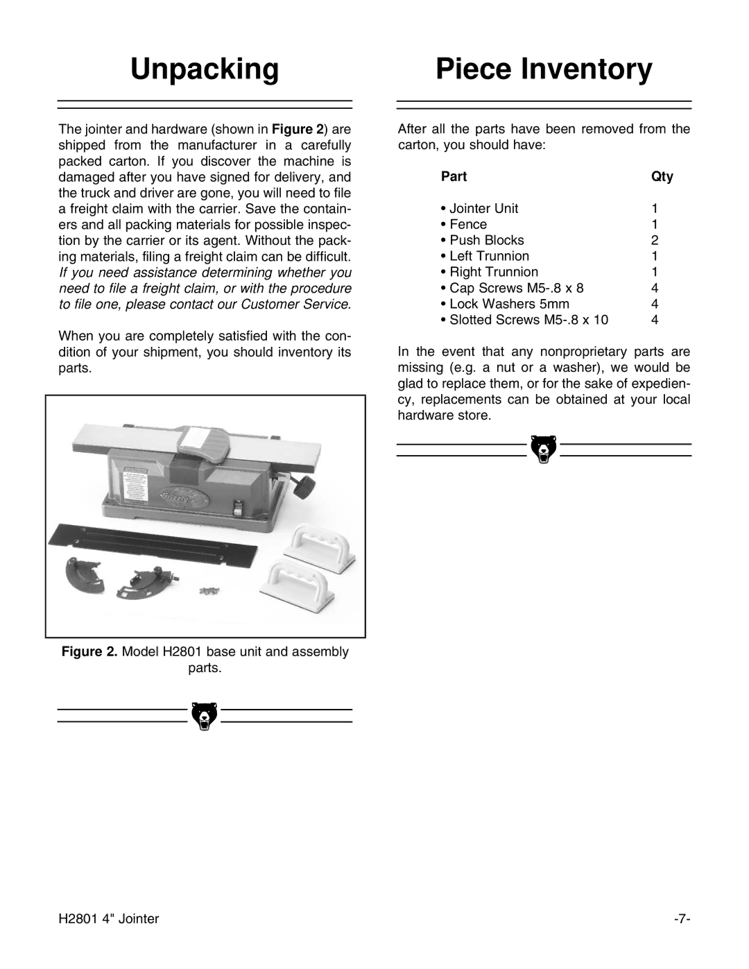 Grizzly H2801 instruction manual Unpacking, Piece Inventory, Part Qty 