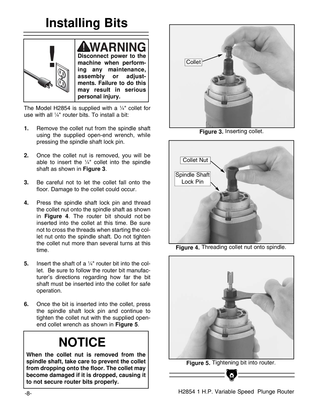 Grizzly H2854 instruction manual Installing Bits, Inserting collet Collet Nut Spindle Shaft Lock Pin 