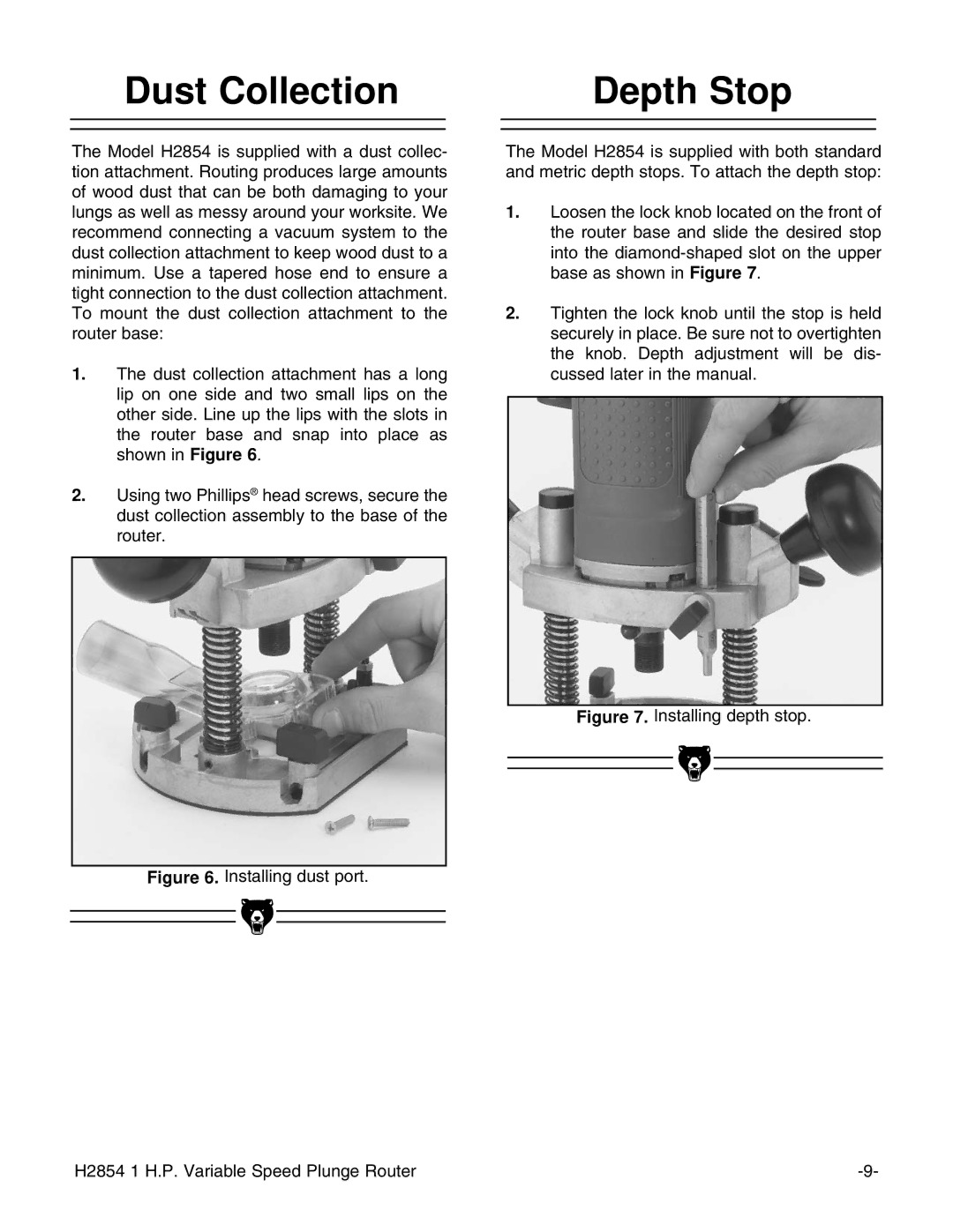 Grizzly H2854 instruction manual Dust Collection Depth Stop 