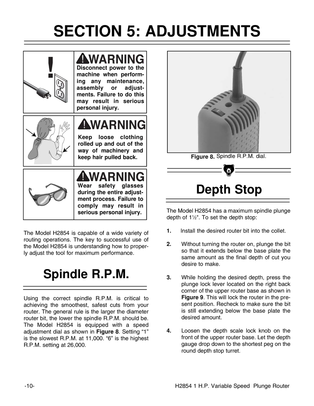 Grizzly H2854 instruction manual Adjustments, Spindle R.P.M 