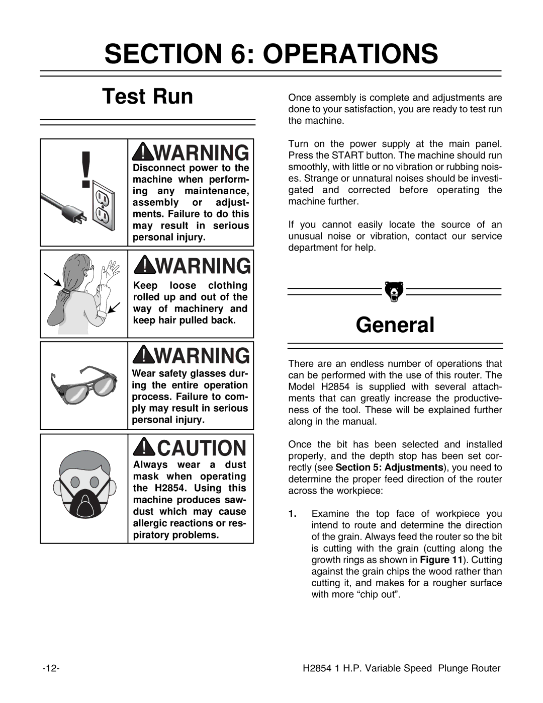 Grizzly H2854 instruction manual Operations, Test Run, General 