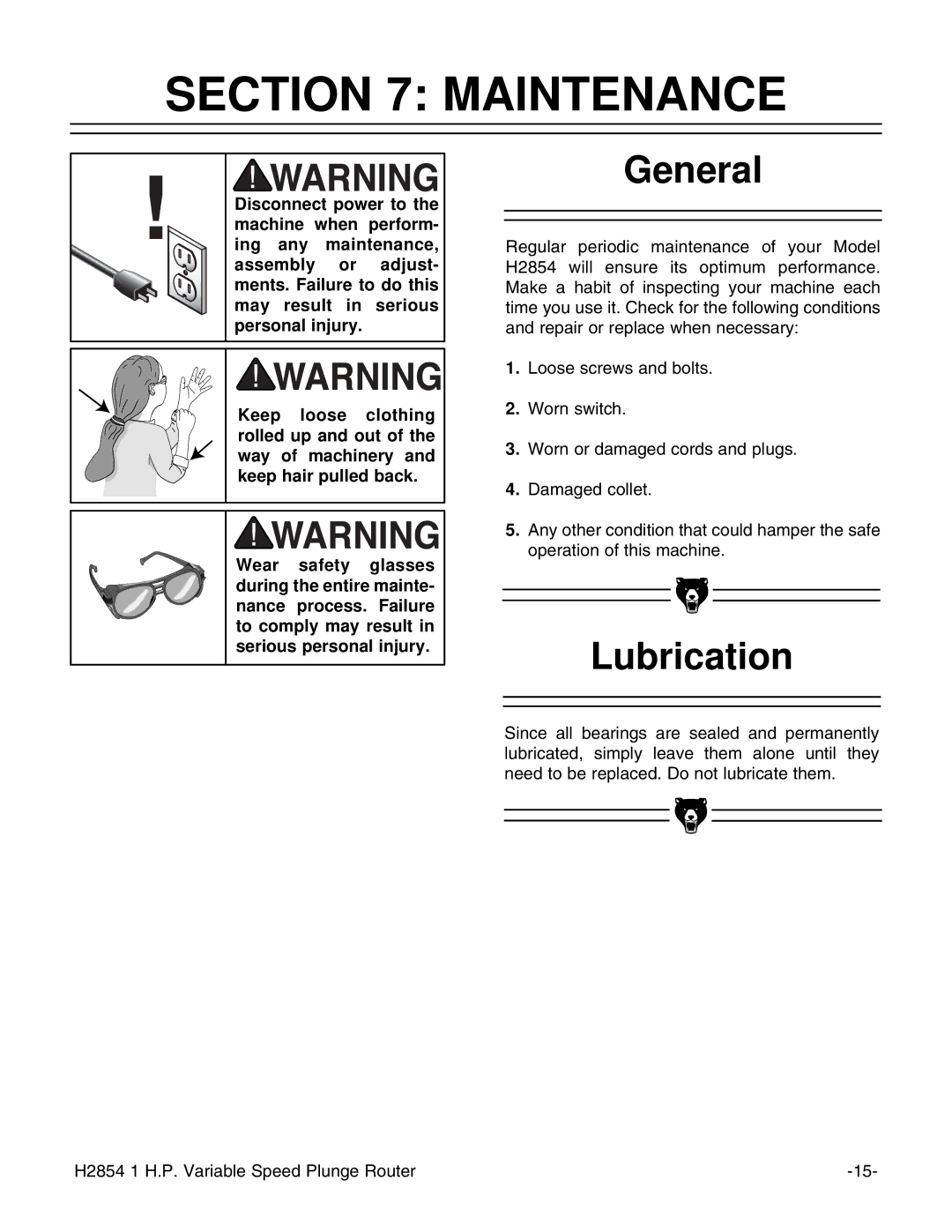 Grizzly H2854 instruction manual Maintenance, Lubrication 