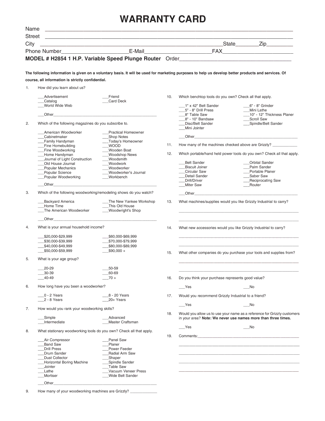 Grizzly H2854 instruction manual Warranty Card 